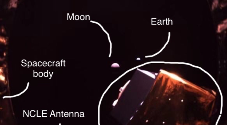 Deze foto is gemaakt door een camera op de Queqiao-satelliet op 65.000 kilometer achter de maan. Je ziet vanaf dat punt de maan (links in het midden)  groter dan de aarde (rechts in het midden). Op de voorgrond is een van de NCLE-antennes zichtbaar. 
 Cr