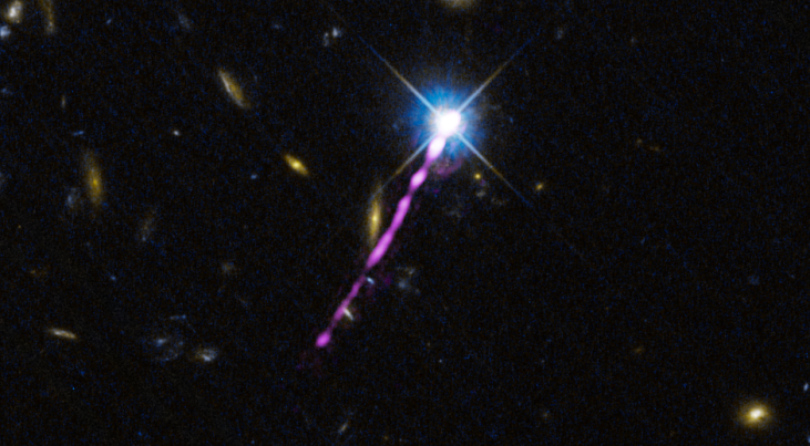 De radio-jet van de quasar 4C + 19.44, aangedreven door een superzwaar zwart gat in het midden van zijn sterrenstelsel, schijnt fel op radiogolflengten, zoals gezien door de LOFAR-radiotelescoop (magenta). De achtergrondafbeelding toont naburige sterrenst