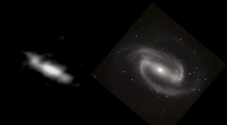 Links: het sterrenstelsel ALESS 17.1 op 10 miljard lichtjaar van ons vandaan. Rechts: NGC1300, een vergelijkbaar balksterrenstelsel op slechts 61 miljoen lichtjaar. (c) Links: ALMA/Jacqueline Hodge et al. Rechts: ESO/P. Grosbøl