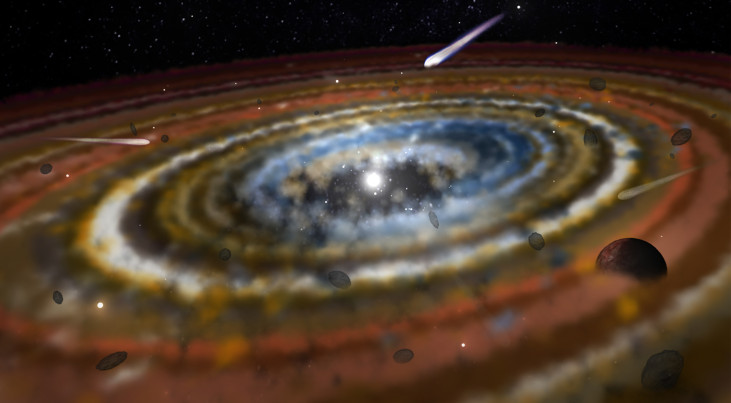 Artistieke impressie van de exokometen in het planetaire system rond de ster Bèta Pictoris. (c) Michaela Pink