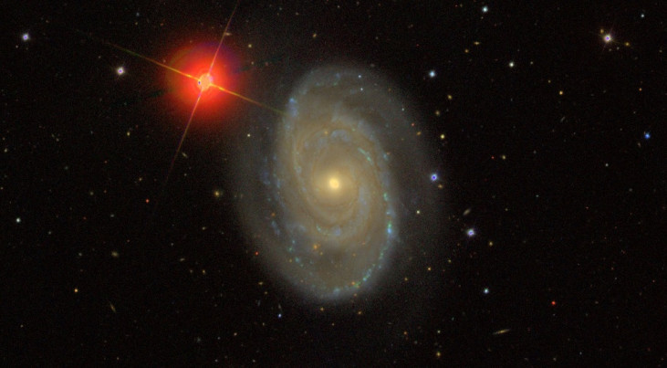 Het spiraalstelsel NGC 5371 is zeer efficiënt en bevat bijna geen missende normale materie. (c) SDSS/Fraternali