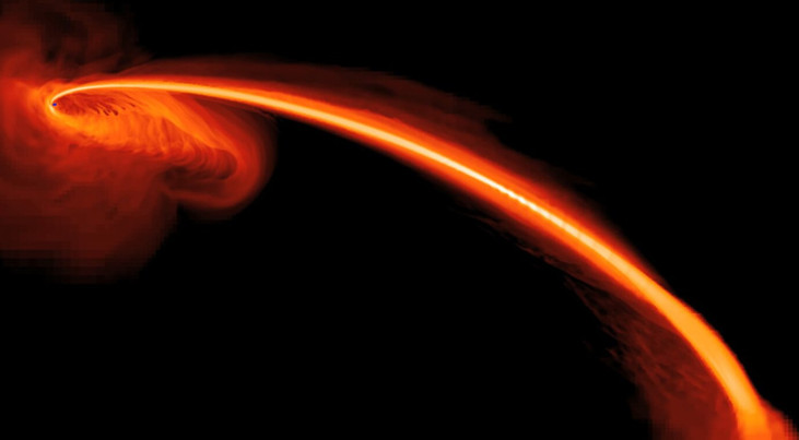 Een ster wordt door een zwart gat verscheurd en tot een 'spaghettisliert' uit elkaar getrokken. Credit: NASA/JPL-Caltech/JHU/UCSC