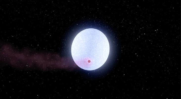 Artistieke impressie (klik voor beweging) van exoplaneet KELT-9b en de bijbehorende ster KELT-9. (c) NASA/JPL-Caltech