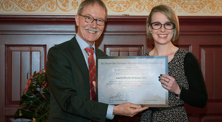 Laura Driessen (rechts) ontvangt de prijs in 2017 uit handen van Ap IJzerman van de KHMW. (c) Hilde de Wolf