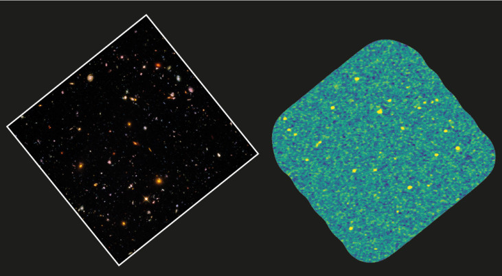 Afbeelding van het Hubble Ultra Deep Field door Hubble (links) en Alma (rechts). (c) STScI & ASPECS