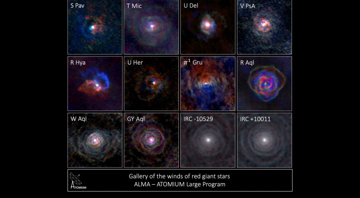 Twaalf verschillende sterren met verschillende vormen van de sterrenwinden. (c) ALMA / L. Decin et al.