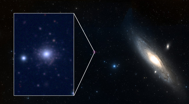 De Andromedanevel met de metaalarme bolvormige sterrenhoop RBC EXT8. (c) ESASky en CFHT