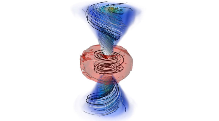 Een momentopname van de simulatie van twee botsende neutronensterren. In de grijze streng die door de rode ring loopt, ontstaat gammastraling. In de blauwe zandlopervorm wordt mogelijk goud gevormd. (c) Philipp Mösta et al.