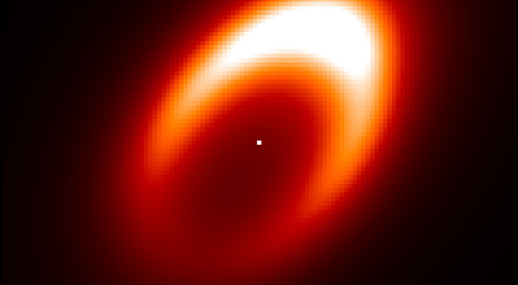 Een schematische weergave van de wervelwind rondom de mogelijke exoplaneet-in-wording rond de ster HD 163296 . De felgele vlek rechtsboven duidt op een gebied met warm stof en gruis waar waarschijnlijk een planeet gevormd wordt. (c) J. Varga et al.