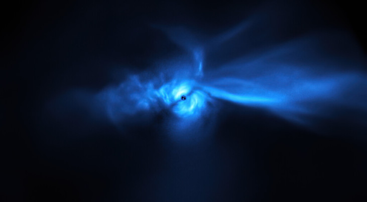 De ster SU Aur met planeetvormende schijf en lange stofsporen. (c) ESO/Ginski et al.