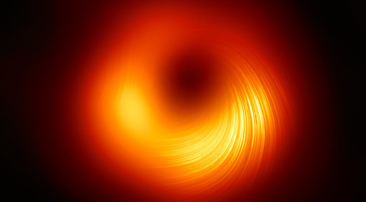 Opname in gepolariseerd licht van het superzware zwarte gat in M87. Credit: EHT Collaboration