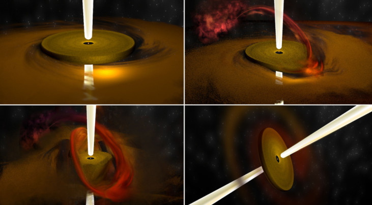 Artistieke weergave van de 4 stappen waarop een stofschijf een zware ster een puinhoop kan worden. (c) Bill Saxton, NRAO/AUI/NSF 