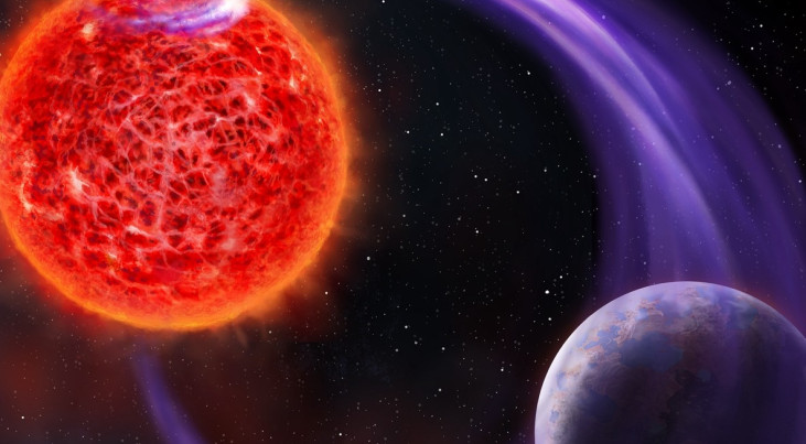 Rode dwerg met poollicht. Een artistieke weergave van poollicht bij een rode dwergster (links) vanwege interactie met een exoplaneet (rechts). (c) Daniëlle Futselaar (artsource.nl)