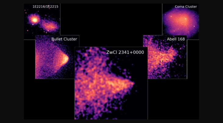 De scherpe kegel in het midden wordt geflankeerd door de stompe vorm (links) en de tongvorm (rechts). (c) NASA/CXC