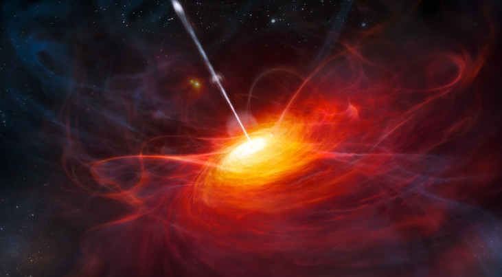 Artistieke impressie van de verre quasar ULAS J1120+0641. Credit: ESO/M. Kornmesser