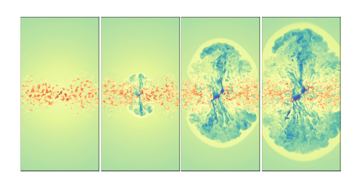 Simulatie in vier stappen van een zwart gat met een rustige radiojet die als een soort bladblazer het centrum van een sterrenstelsel schoonblaast. Tussen elk plaatje zit 200.000 jaar. (c) Mukherjee et al.