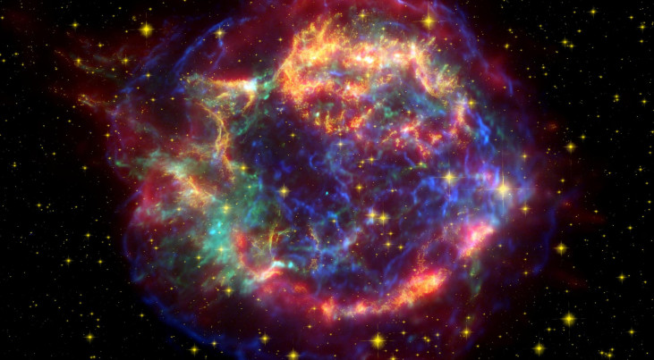 Ingekleurde afbeelding van Cassiopeia A gebaseerd op gegevens van de ruimtetelescopen Hubble, Spitzer en Chandra. (c) NASA/JPL-Caltech [via Wikimedia]