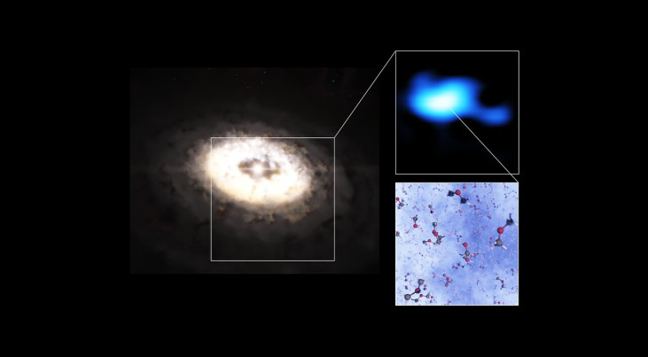 artist’s impression van de planeet-vormende schijf rond de ster IRS 48, tevens bekend als Oph-IRS 48.  Credit: ESO/L. Calçada, ALMA (ESO/NAOJ/NRAO)/A. Pohl, van der Marel et al., Brunken et al.