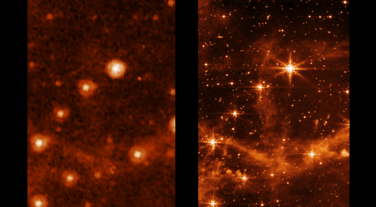 Spitzer (links) versus Webb (rechts). Klik voor groter. (c) JWST