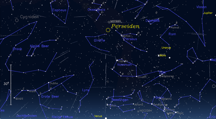 De Perseïden zijn dit jaar minder goed te zien omdat de volle maan roet in het eten gooit. (c) hemel.waarnemen.com