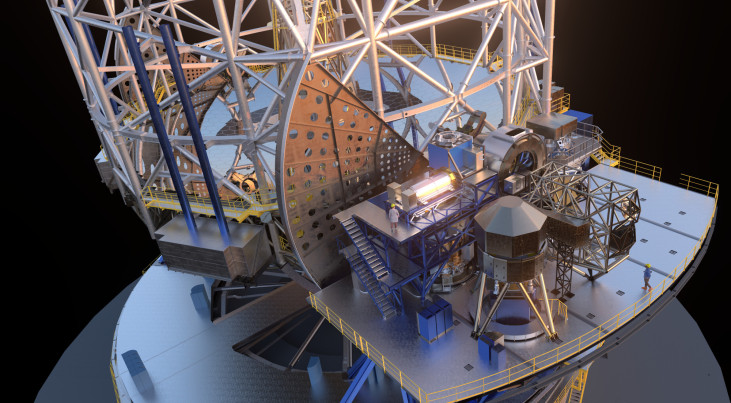 Artistieke impressie van ESO’s Extremely Large Telescope (ELT). Te zien is de telescoopstructuur en een van de platforms waarop de wetenschappelijke instrumenten geplaatst worden. Credit: ESO/L. Calçada