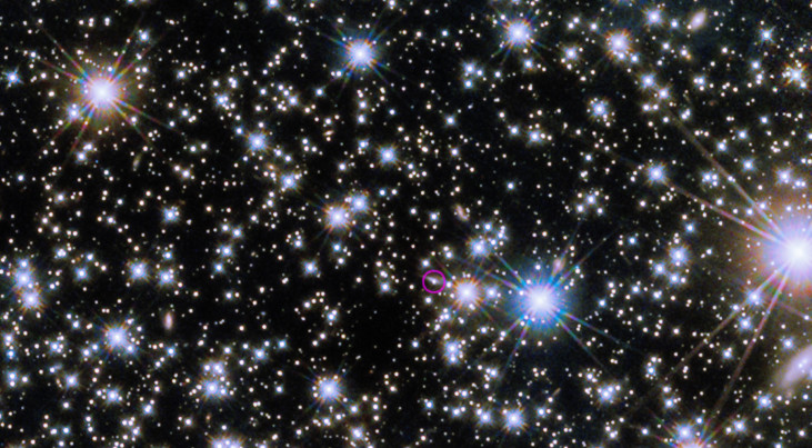 Infraroodopname van het nagloeien van de gammaflits (paarse cirkel). (c) NASA, ESA, CSA, STScI, A. Levan (Radboud Universiteit); Image Processing: Gladys Kober.