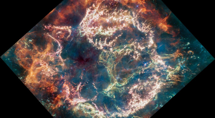 Supernovarest Cassiopeia A gezien door de infrarood-ogen van de James Webb-ruimtetelescoop. (c) NASA, ESA, CSA, D. Milisavljevic (Purdue University), T. Temim (Princeton University), I. De Looze (UGent), J. DePasquale (STScI)