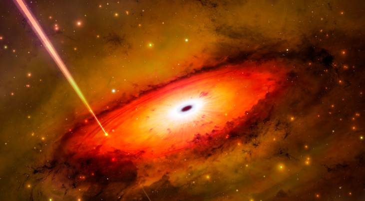 Een artistieke weergave van een langdurige uitbarsting van gammastraling in de buurt van het centrum van een oud sterrenstelsel. (c) International Gemini Observatory/NOIRLab/NSF/AURA/M. Garlick/M. Zamani