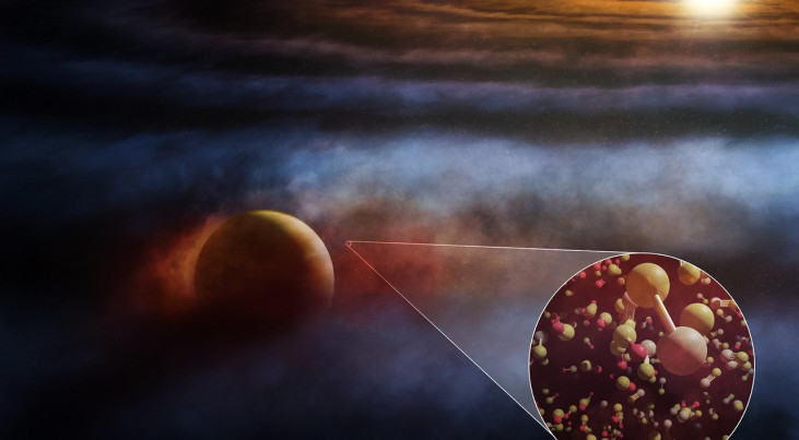 Artistieke weergave van een jupiterachtige protoplaneet (links) die rond zijn ster draait en gas verhit waardoor silisiummonosulfide ontstaat. (c) ALMA (ESO/NAOJ/NRAO), M. Weiss (NRAO/AUI/NSF)