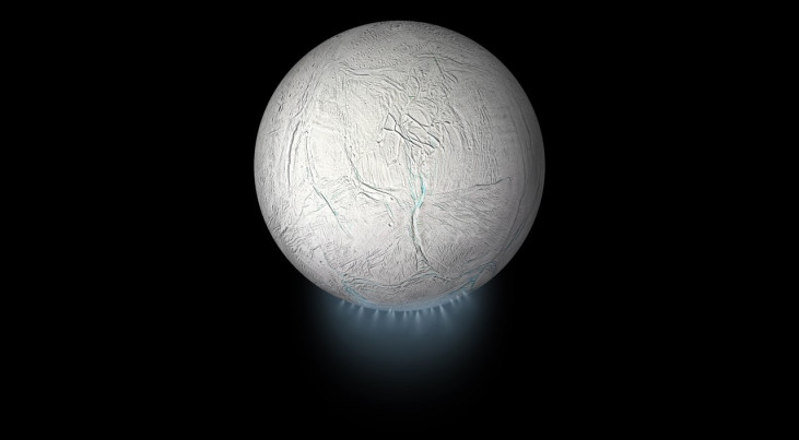 Artistieke weergave van waterpluimen op Enceladus, een maan van Saturnus. (c) NASA/JPL-Caltech