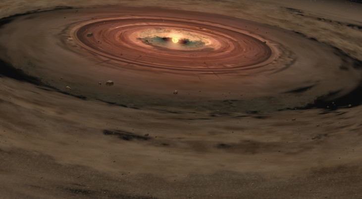 Artistieke weergave van een protoplanetaire schijf rond een heel lichte ster. (c) NASA/JPL-Caltech/T. Pyle (SSC)