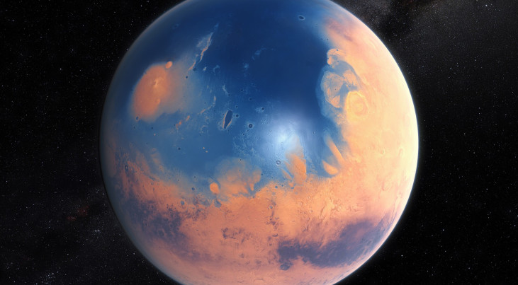 Artistieke weergave van de planeet Mars, 4 miljard jaar geleden toen er waarschijnlijk water was. (c) ESO/M. Kornmesser/N. Risinger (skysurvey.org) 