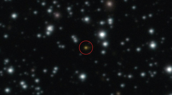 De oranje stip in het midden, GRB 250702B, een ongewoon langdurige en zich herhalende gammaflits. Credit: ESO/A. Levan, A. Martin-Carrillo et al.