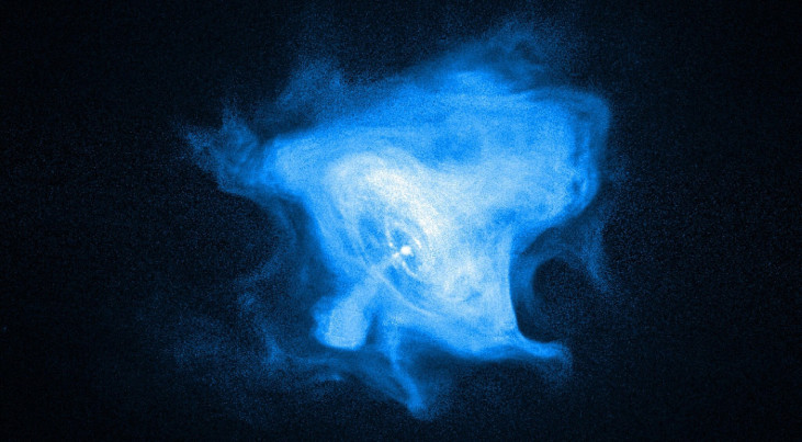 Röntgenopname van de zogenoemde pulsar in de Krabnebel. Om de compacte ster in het midden draait veel materie. (c) NASA/CXC/SAO/F.Seward et al.