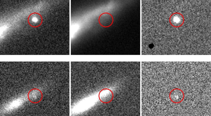 Een plotselinge verandering aan de nachthemel (door bijvoorbeeld een supernova-explosie) gezien door verschillende observatoria. Links het nieuwe beeld, midden het oude beeld, en rechts de 'verschilafbeelding'. (c) Fiorenzo Stoppa et al.