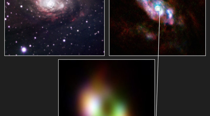 Gas stroomt naar een zwart gat via twee spiraalarmen die in de schijf zijn ingebed. Deze armen voeden de donutvormige wolk rond het zwarte gat die onderaan te zien is. Credit: ALMA(ESO/NAOJ/NRAO)/ESO/W. Goesaert et al.