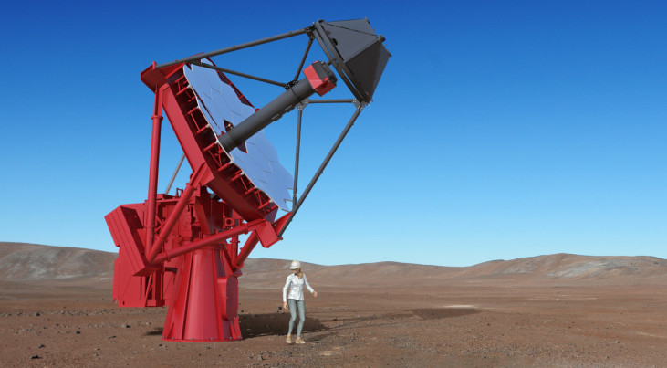 Artistieke weergave van een van de toekomstige zogeheten Small-Sized Telescopes van CTAO waar de hogesnelheidscamera’s op worden geplaatst. Credit: Gabriel Pérez Diaz, IAC