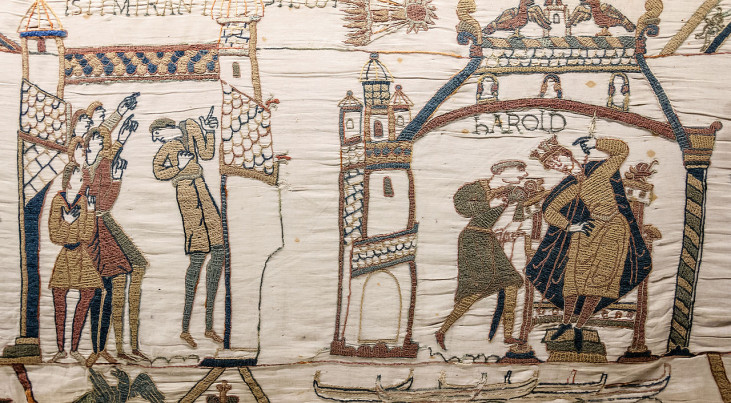 De oudste bekende afbeelding van de komeet van Halley op het tapijt van Bayeux met gebeurtenissen in het jaar 1066. (c) Wikimedia commons
