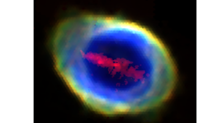 Beeld van de Ringnevel bestaande uit vier WEAVE/LIFU-emissielijnbeelden. De buitenste ring bestaat uit licht dat wordt uitgezonden door drie verschillende zuurstofionen, de ‘balk’ in het midden door e