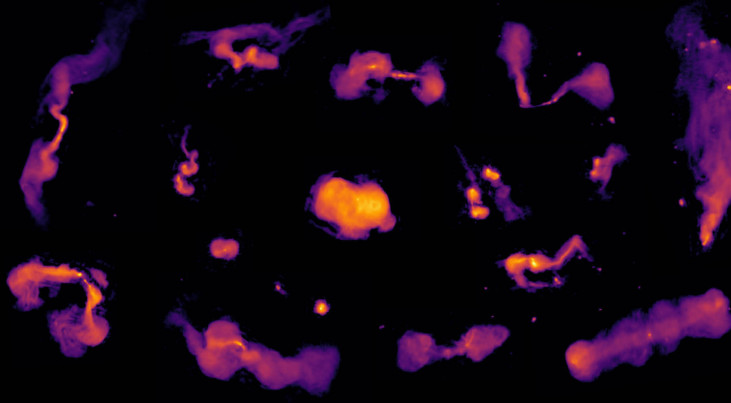 Een selectie van radiostructuren (radio lobes in het Engels),  aangedreven door superzware zwarte gaten. Credit: Maya Horton en de LOFAR-surveys-samenwerking.