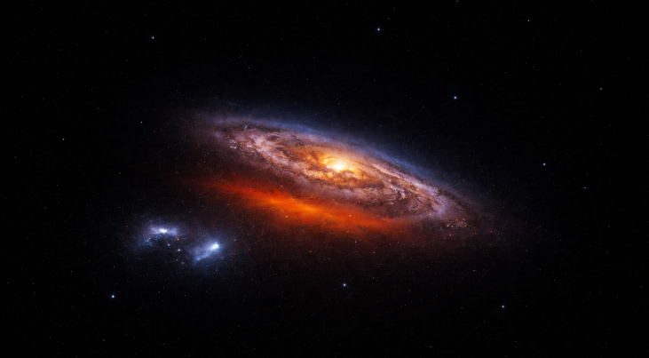 Artistieke impressie van de Melkweg, met linksonder de twee satellietsterrenstelsels de Grote Magelhaense Wolk en de Klein Magelhaense Wolk. (c) Filippo Fraternali