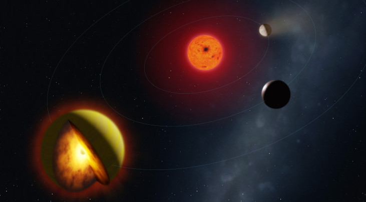 Impressie van het planetensysteem van L 98-59 d, met een doorsnede van de planeet. (c) Mark A. Garlick / markgarlick.com 