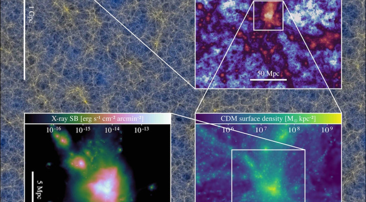 Doorsnede van een met FLAMINGO gesimuleerd stuk universum: het kosmische web, het netwerk waarin sterrenstelsels zich bevinden. Credit: Schaye et al. 2023