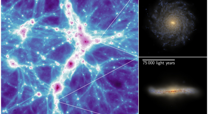 Afbeeldingen uit de COLIBRE-simulaties. De visualisatie links toont het zogenoemde kosmische web, waarbij de kleur de dichtheid van gas en sterren weergeeft. De afbeeldingen rechts zoomen in op twee gesimuleerde sterrenstelsels. (c) Schaye et al. (2026)