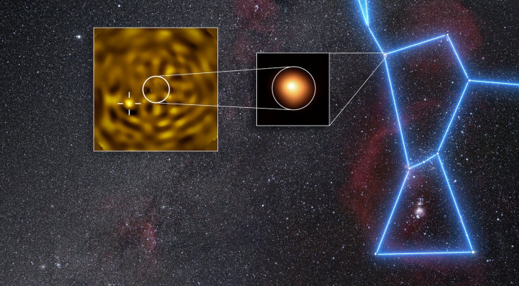 VLT-opnamen van Betelgeuze en zijn begeleider Credit: (ESO/M. Montargès et al. Achtergrond: N. Rissinger (skysurvey.org)