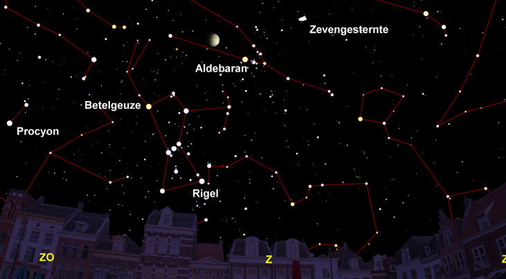 4 februari: Aldebaran (Stier) rechtsonder maan