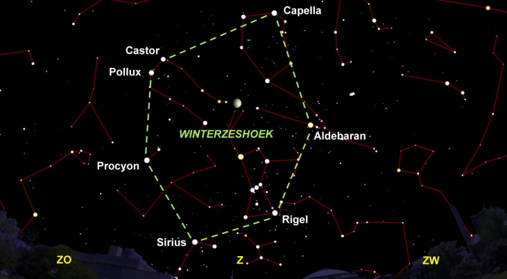 5 februari: maan omringd door heldere sterren