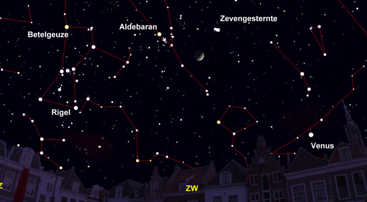 1 maart: driehoek maan-Aldebaran-Zevengesternte (avond)