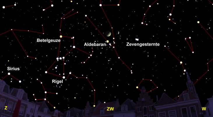 2 maart: Aldebaran (Stier) onder maan