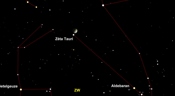 3 maart: Ster Zèta Tauri op onderrand maan (avond)